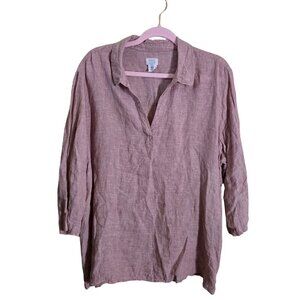 Sigrid Olsen 100% Linen Lagonlook Pink V Neck Collared Popover Tunic Top Size 1X